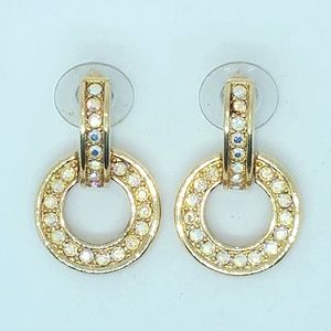 Vintage Swarovski Crystal & Gold Tone Door Knocker Post Hole Earrings 1" Signed